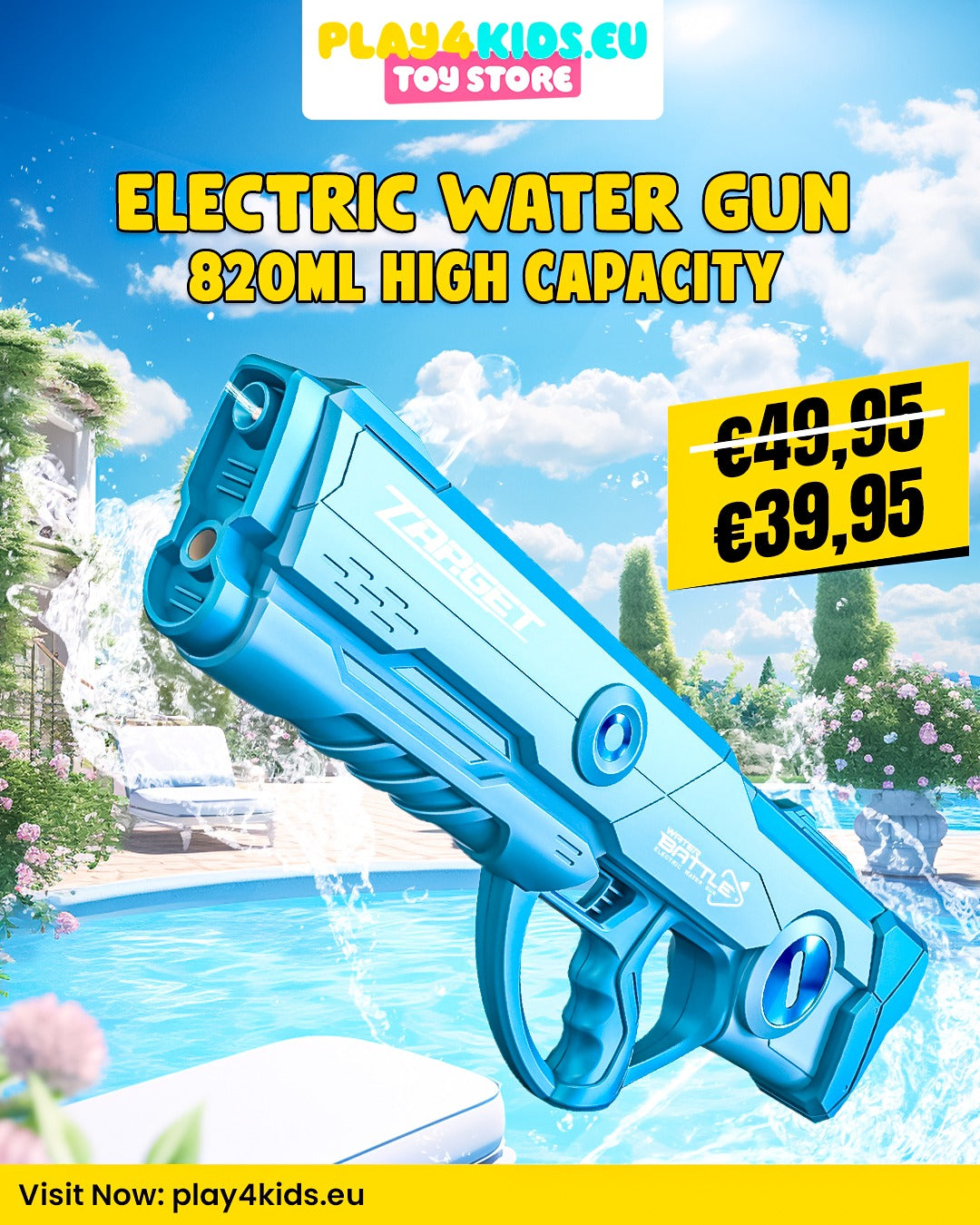 An electric water gun with a high capacity tank, depicted in a promotional context with a price tag and a pool in the background.