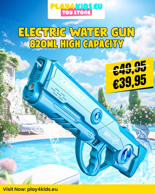 An electric water gun with a high capacity tank, depicted in a promotional context with a price tag and a pool in the background.